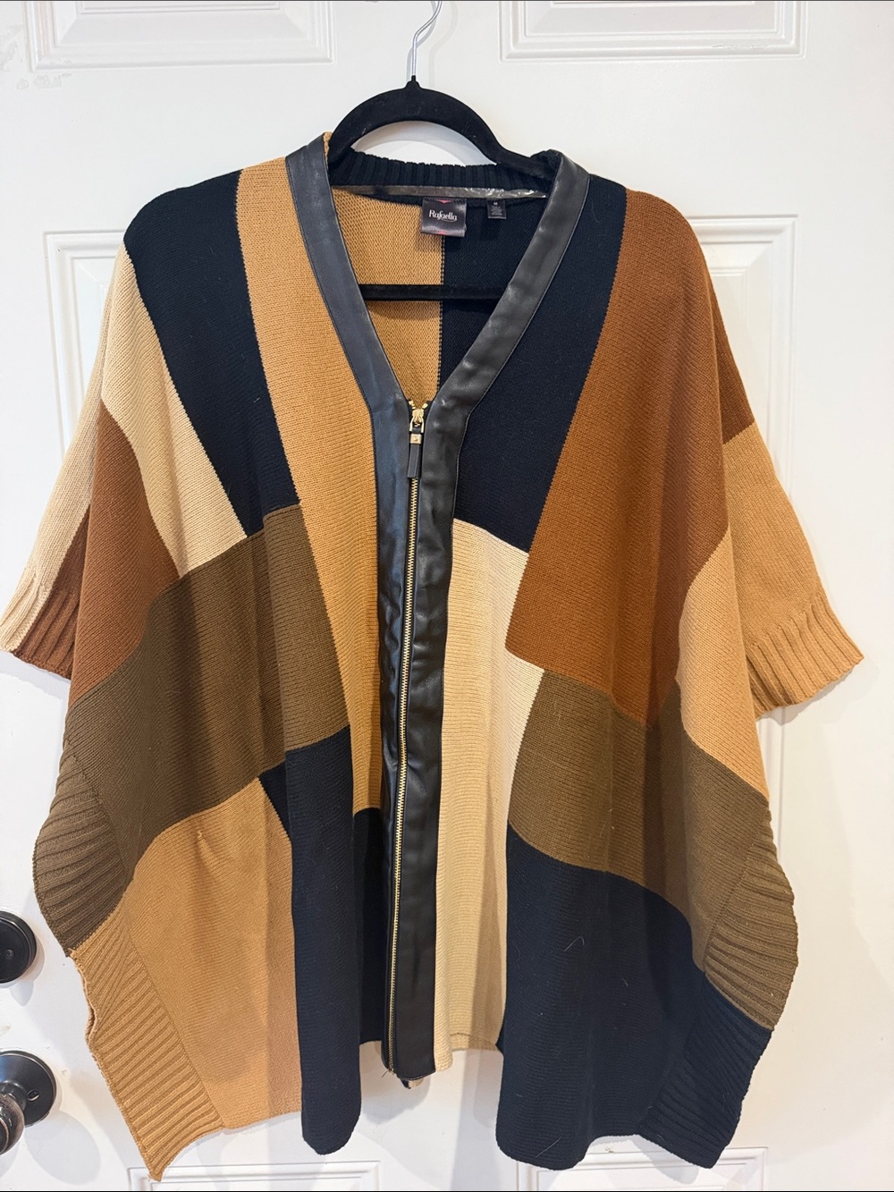 Rafaella Colorblock Knit Poncho with Faux Leather Trim - Black, Brown & Tan